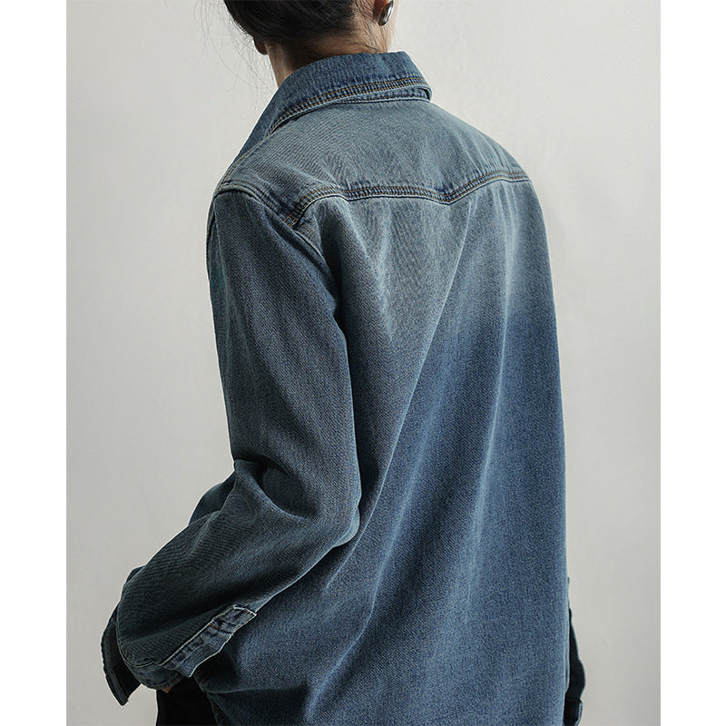 ブルーの開襟シャツ型のデニムジャケット厚い春秋レイヤードインナーZ02